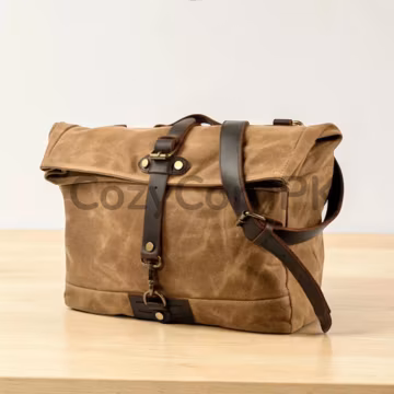 Waxed Canvas Messenger Bag – Leather Strap Crossbody Laptop Satchel