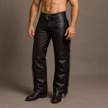 Men’s Black Leather Rodeo Chaps (pants style) with Fringes – Bull Riding Cowboy - Cowhide leather