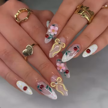 Ladybug Press On Nails | Spring Floral Bow Nails, Cute Cottagecore Garden Nail Set, Handmade Summer Press On Nails