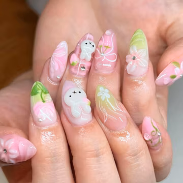 Miffy Press On Nails, 3D Bunny, Floral Gel Art, Handmade