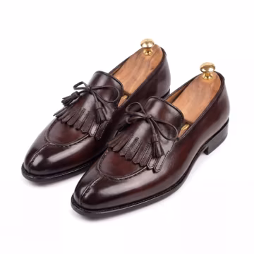 Mens Handmade Dark Brown Tassel Kiltie Loafer, Fringe Slip On Dress Shoe