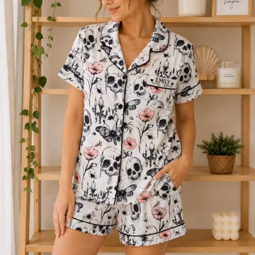 Personalized Skull Satin Pajama Set: Gothic Halloween Loungewear, Custom Name Bridesmaid Gift