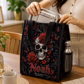 Custom Name Gothic Skull Floral Lunch Bag 2026 Insulated Lunch Tote Reusable Cooler Bag Gift For Him Her Office School Picnic