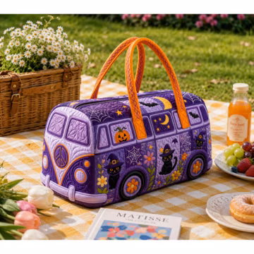 Quilted Weekend Bag With Retro Camper Van Shape, Halloween Embroidery, Black Cats, Pumpkins, Spiderwebs, Personalized Name Travel Tote