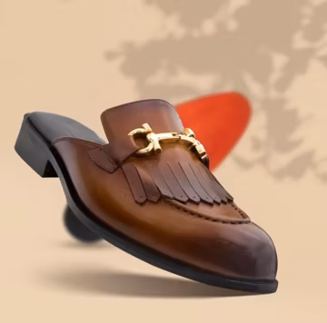 Handmade Brown Textured Leather Mule Fringes Kiltie Loafers, Men's Slip-On Dress Shoes