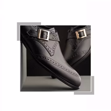 Handcraft Men’s Black Leather Monk Strap Shoes – Classic Brogue Dress Shoes, Elegant Formal