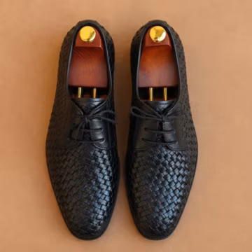 Handmade Black Woven Derby Shoes Mens Leather Formal Dress Oxfords Luxury Lace Up