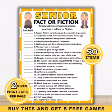 Senior Fact or Fiction Game, Trivia for Seniors, Brain Games, Printable Party Activity (PDF)