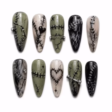 Monster Press On Nails, Gothic Halloween Olive Green Marble Stitched Heart Patchwork Set