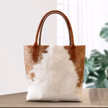 Cowhide Tote Bag With Braided Leather Handles, Brown White Hair On Hide Western Style