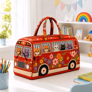 Cute Cat Bus Travel Bag Floral Duffel Bag Kids Overnight Bag Weekend Tote Carry On Luggage School Travel Gift For Cat Lovers