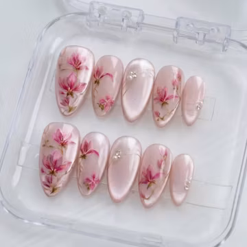Hand Painted Press On Nails: Pink Flowers Cat Eye, Reusable Faux Nails