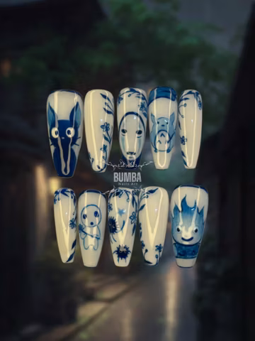 Blue Spirit Long Coffin Press On Nails | Ghibli Inspired Nails | Handmade Anime Nails | Long Coffin Nails Art Set