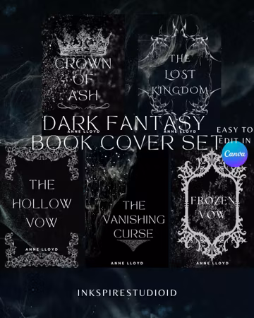 Dark Fantasy Book Cover Set, Black Silver Gothic Design (Canva Template)