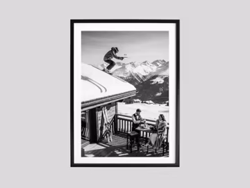 Alpine Terrace Ski Toast - Black & White Print, Waiter Serving Couple on Snowy Balcony Wall Art