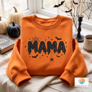 Embroidered Mama Halloween Sweatshirt, Glitter Bat Spider, Spooky Mama t-shirt