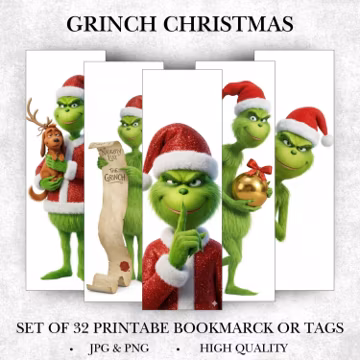 Grinch Christmas Printable Bookmarks, 32 Grinch Bookmark, Grinch Bookmarks PNG, Christmas Bookmarks, Winter Digital Note-Taking