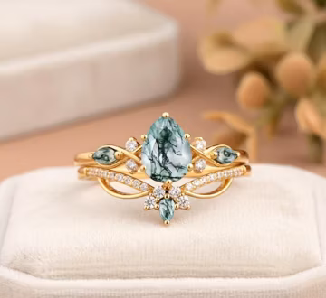 Vintage Moss Agate Pear Ring Set, Rose Gold Cluster Bridal Ring