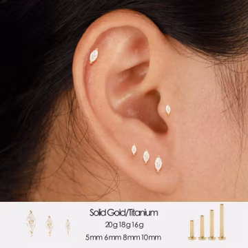 14K Solid Gold Marquise Lab Diamond Threadless Flat Back Stud Earring