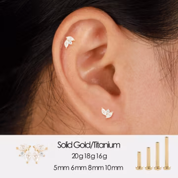 14K Solid Gold Marquise Lab Diamond Threadless Flat Back Stud Earring