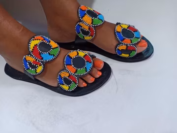 Handmade African Beaded Leather Sandals for Women | Maasai Inspired Boho Flat Slip-On Sandals | Summer Beach & Vacation Artisan Shoes