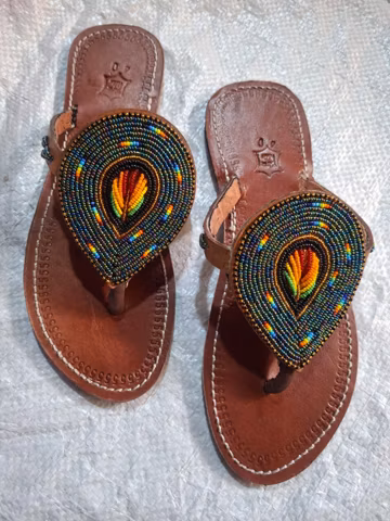 Handmade African Beaded Leather Sandals for Women | Maasai Inspired Boho Flat Slip-On Sandals | Summer Beach & Vacation Artisan Shoes
