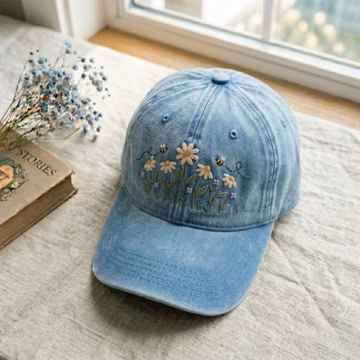 Embroidered Daisy and Bees Denim Cap, Boho Summer Hat,Polyester Cotton Gardener Accessory