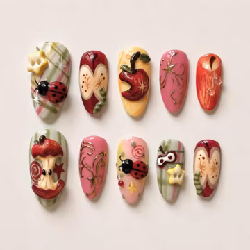 Apple Core Press On Nails | 3D Fruit Nails | Kawaii Food Nails | Cute Fall Nails | Cottagecore Nails | Handmade Statement Nails