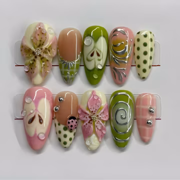Handmade Spring Gardencore Press On Nails | 3D Flowers, Ladybug and Polka Dots | Pastel Floral Artcore Nail Set for Retro Aesthetic