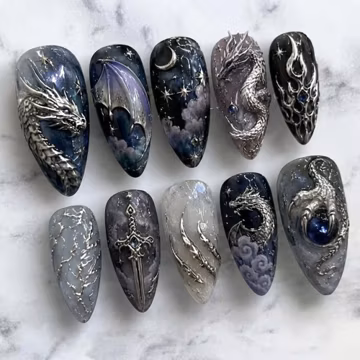 Gothic Celestial Black Silver Press On Nails, Dark Moon Galaxy Nail Art, Mystical 3D Stiletto Nails, Cosmic Goth False Nails