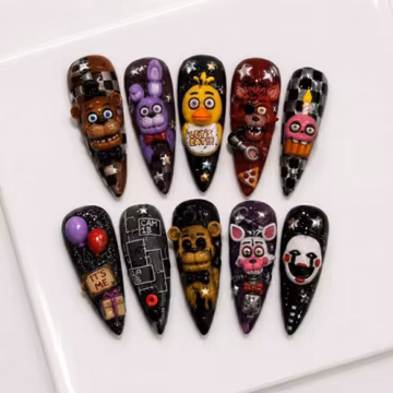 FNAF Horror Game Inspired Animatronic Press On Nails, 3D Handmade Black Checkerboard Gothic Halloween Nail Set