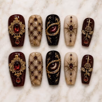 Gothic Baroque Press On Nails, Black Burgundy Gold Nail Art, Ornate Vintage 3D Nails, Handmade Gel False Nails, Dark Glam Manicure