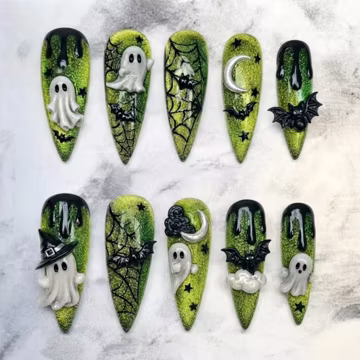 Green Halloween Ghost Press On Nails, Handmade 3D Bat Spider Web Nails, Glitter Slime Spooky Fake Nails