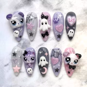 Cute Pastel Pet Ghost Shop Press On Nails, Handmade 3D Kawaii Halloween Nails, Purple Animal Fake Nails Gift
