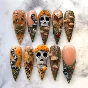 Enchanted Forest Skull Press On Nails, Handmade 3D Woodland Moss Mushroom Nails, Cottagecore Gothic Fake Nails