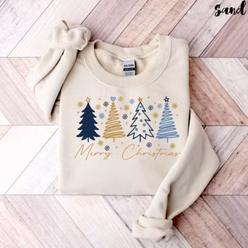 Merry Christmas Tree Sweatshirt and Shirt, Cute Doodle Holiday Trees Top, Festive Winter Season Sweater, Xmas Gift for Her