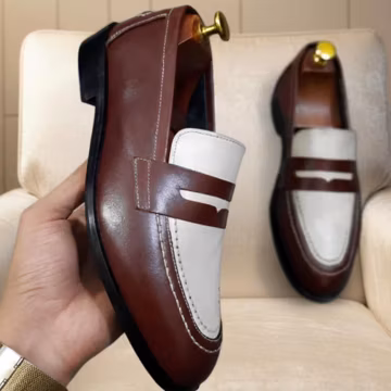 Handmade Two-Tone Leather Penny Loafers – Slip-On Brown & Ivory Men’s Dress Shoes