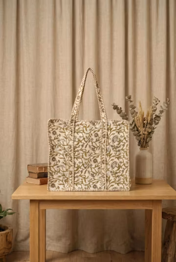 Large Quilted Tote Bag – Handblock Floral Cotton Bag, Handmade Shoulder Tote,Travel Bag, Everyday Market Shopper,Eco-Friendly Daily Carryall