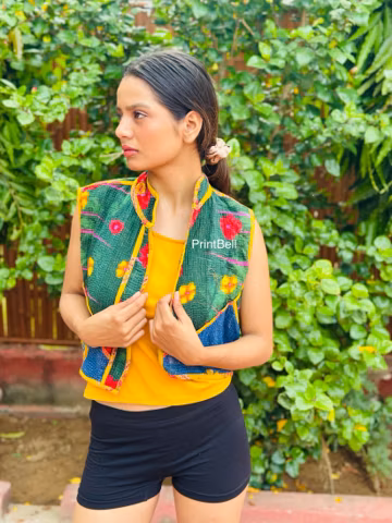 PrintBell Rare Vintage Kantha Vest, Handmade Patchwork Cotton Waistcoat, Women's Boho Clothing