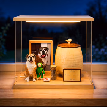 Custom Pet Urn with Handmade Figurine, Photo Frame & Acrylic Memorial Display Case