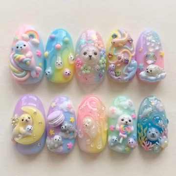 Handmade Pastel Rainbow Seal Press-on Nails | Cute 3D Kawaii Ocean Animal Nail Art | Colorful Candy & Star Dreamy Custom Nails