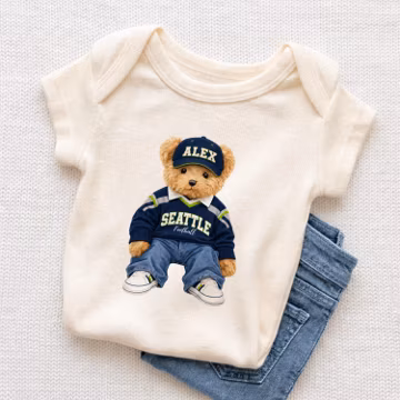 Personalized Seattle Football Baby Onesie, Custom Name Football Teddy Bear, Seattle Fan Shirt, Family Matching Football Apparel