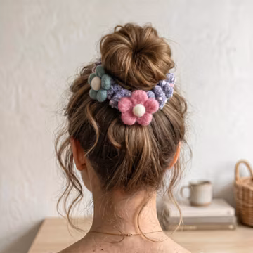 Wool Felt Flower Hair Tie, Handmade Knitted Scrunchie,Cute Elastic Hair Band for Women and Girls, Unique Gift for Her,Eye-Catching Accessory