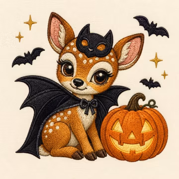 Halloween Bat Deer with Pumpkin Machine Embroidery File, Cute Woodland Fawn Costume Design