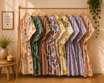 Floral Indian Cotton Kaftan Dress: Hand Printed, Free Size