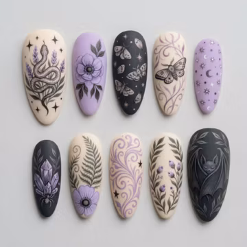 Mystic Lavender Gothic Press On Nails, Snake & Moth Nails, Witchy Botanical Nails, Crystal Bat Nails, Moon Stars Dark Cottagecore Nail Set
