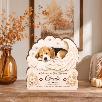 Personalized Beagle Dog Memorial Wooden Block, Custom Angel Wings Pet Loss Shelf Sitter, Rainbow Bridge Sympathy Gift, Dog Remembrance Decor
