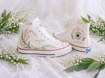 Personalized Lily Of The Valley Wedding Sneakers, Custom Name Date Bridal High Tops, Embroidered Floral Bride Shoes, Reception Gift