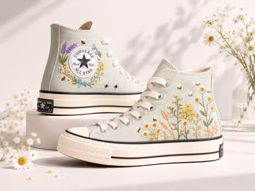 Daisy Wildflower Embroidered Converse Platform High Tops, Floral Wedding Sneakers, Bee Bridal Shoes, Custom Bride Gift
