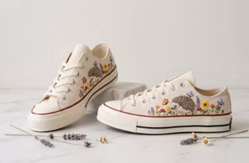 Hedgehog Embroidered Canvas Shoes, Wildflower Low Top Sneakers, Woodland Animal Footwear, Nature Lover Gift